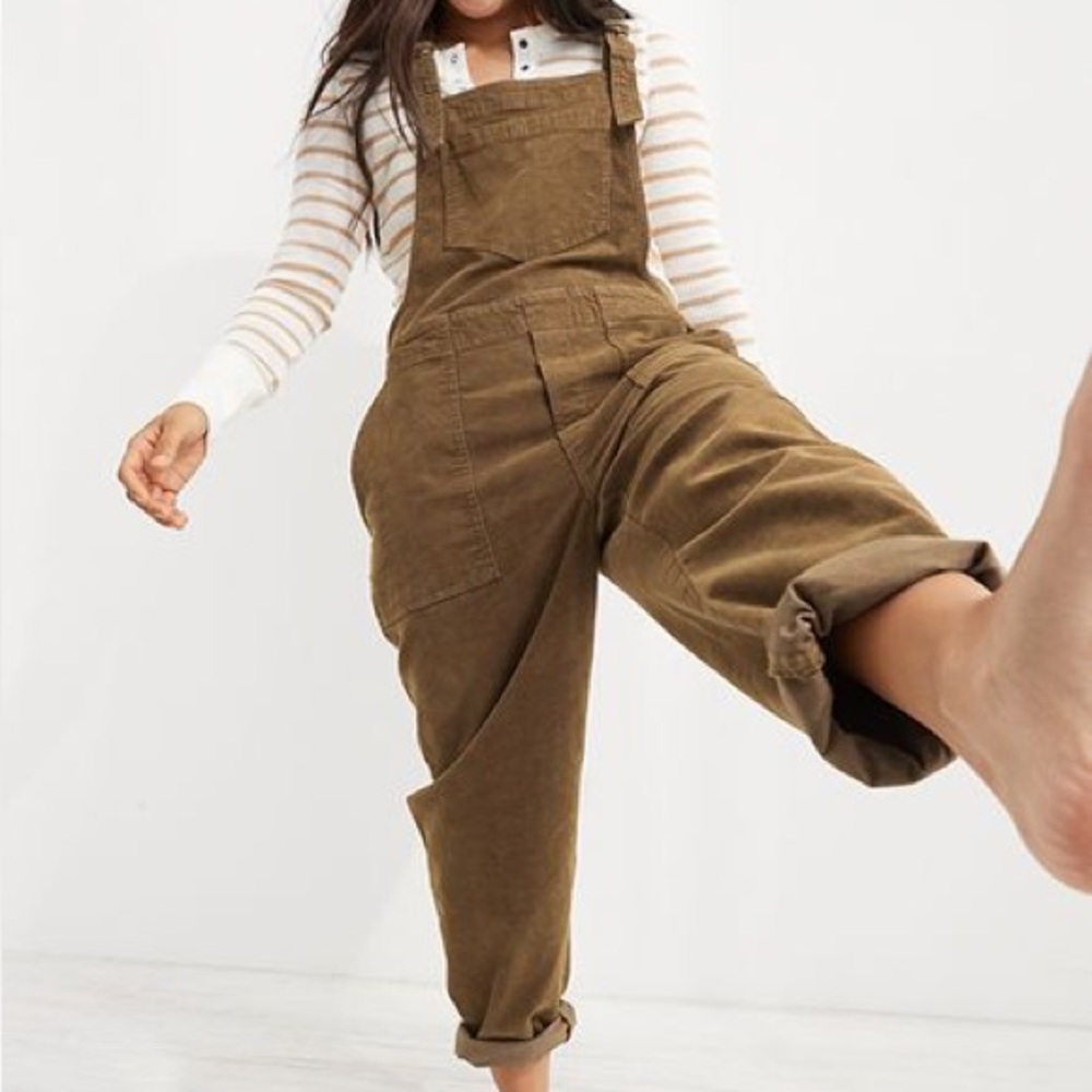 Aerie Werk and Play Dark Tan Corduroy Raw Hem Straight Leg Bib Overalls